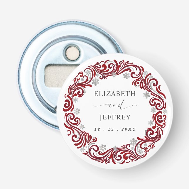 Silver Red Snowflakes Winter Wedding Bottle Opener (Front)