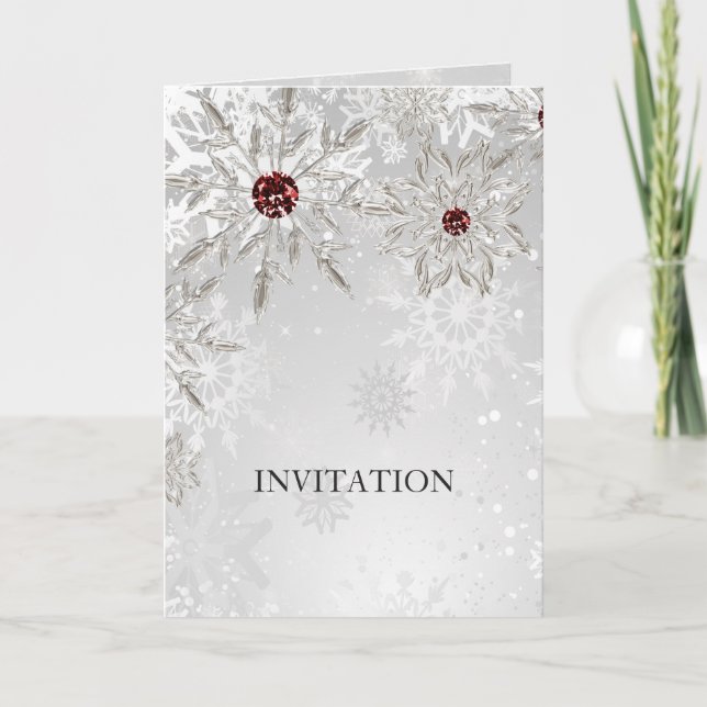 silver red snowflakes winter wedding invitation (Front)