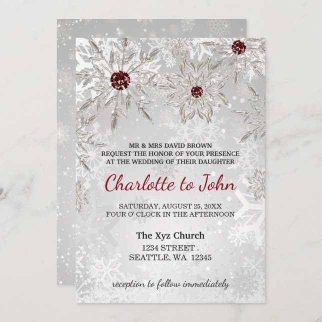silver red snowflakes winter wedding invitation (Front/Back)
