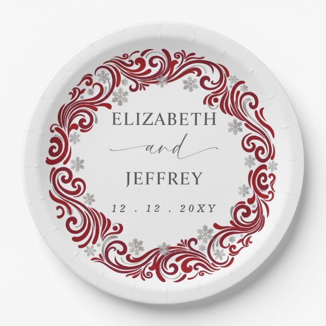 Silver Red Snowflakes Winter Wedding Paper Plate (Front)