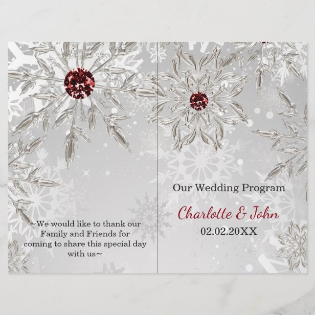 silver red snowflakes winter wedding program (Front)