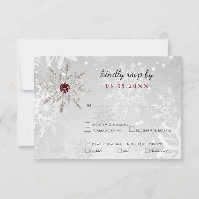 silver red snowflakes winter wedding rsvp (Front)