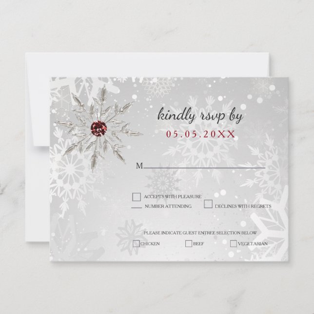 silver red snowflakes winter wedding rsvp (Front)