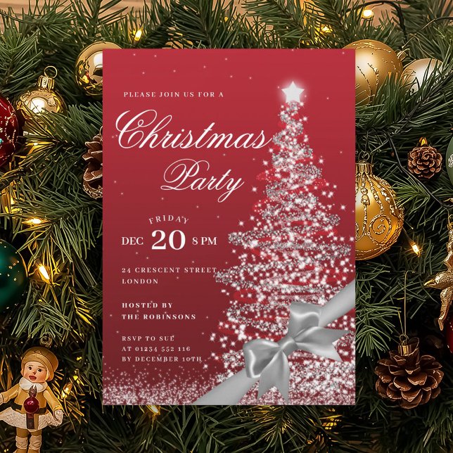 Silver Red Winter Christmas Tree Bow Holiday  Invitation (Silver Red Winter Christmas Tree Bow Holiday Invitation)