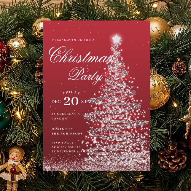 Silver Red Winter Christmas Tree Holiday Party  Invitation (Silver Red Winter Christmas Tree Holiday Party Invitation)