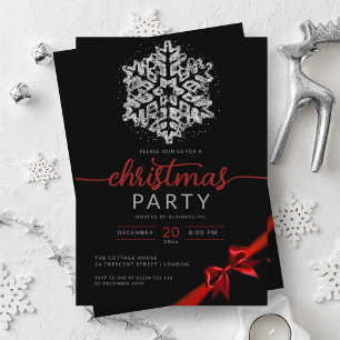 Silver Red Winter Glitter Snowflake Company Xmas  Invitation