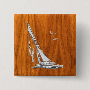 Silver Regatta Sailboat on Teak Veneer 15 Cm Square Badge