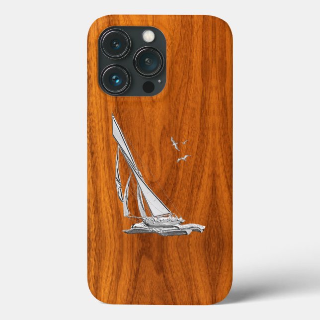Silver Regatta Sailboat on Teak Veneer Case-Mate iPhone Case (Back)