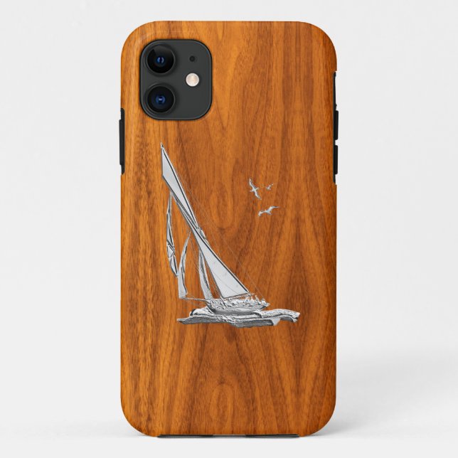 Silver Regatta Sailboat on Teak Veneer Case-Mate iPhone Case (Back)