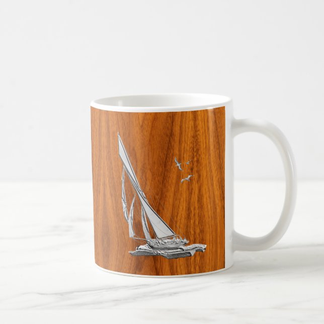 Silver Regatta Sailboat on Teak Veneer Coffee Mug (Right)