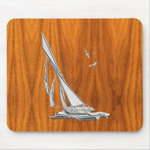 Silver Regatta Sailboat on Teak Veneer Mouse Pad