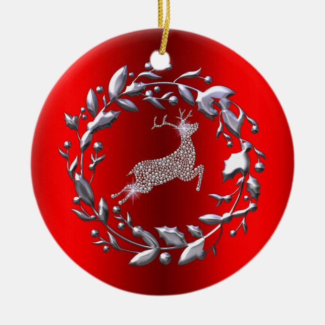 Silver Reindeer and Wreath on Red Christmas Ceramic Ornament (Front)