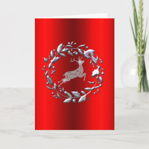 Silver Reindeer and Wreath Red Christmas Card