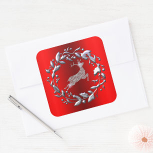 Silver Reindeer and Wreath Red Christmas Square Sticker