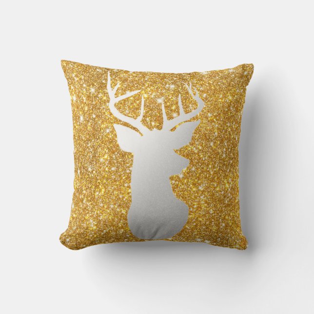 Silver Reindeer Antler Modern Gold Faux Glitter Cushion (Front)
