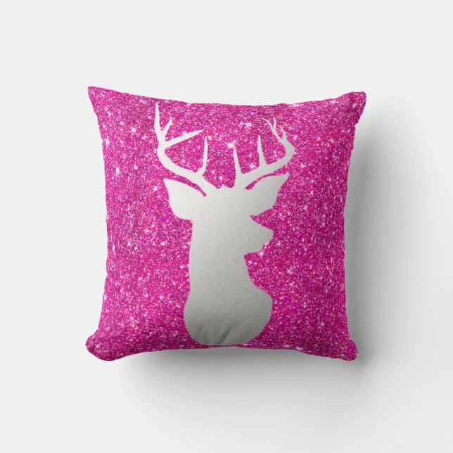 Silver Reindeer Antler Modern Pink Faux Glitter Cushion (Front)