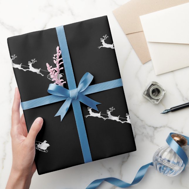 silver reindeer christmas pattern black background wrapping paper (Gifting)