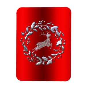 Silver Reindeer on Red Christmas Magnet