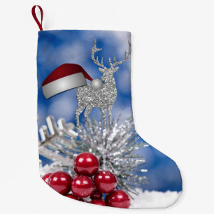 Silver Reindeer Santa Hat Blue Bokeh Small Christmas Stocking