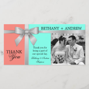 Silver Ribbon Aqua Coral Pink Wedding Thank You