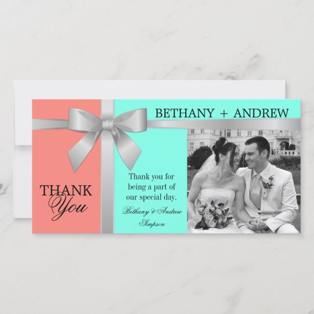 Silver Ribbon Aqua Coral Pink Wedding Thank You Card (Front)