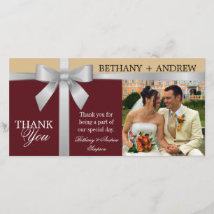 Silver Ribbon Burgundy Gold Wedding Thank You Card