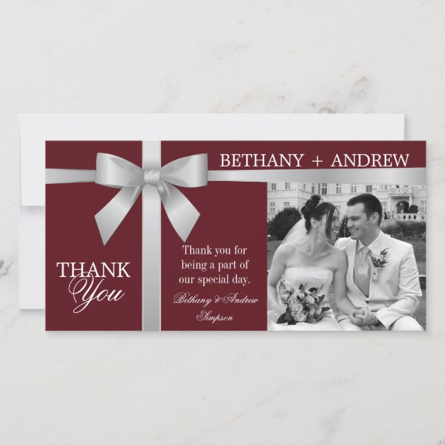 Silver Ribbon Burgundy Wedding Thank You (Front)