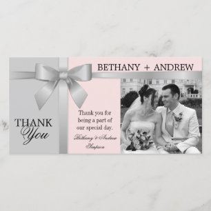 Silver Ribbon Grey Pink Wedding Thank You Card