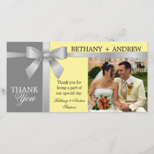 Silver Ribbon Yellow Grey Wedding Thank You Card