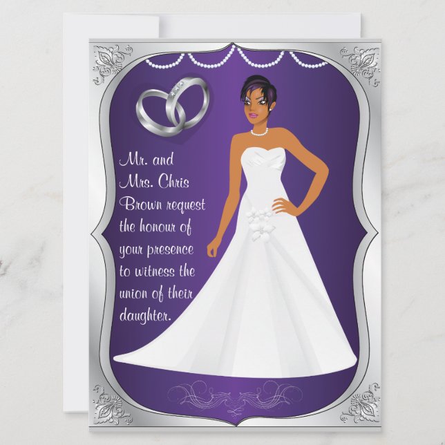 Silver Rings Bride Heart Purple Wedding Invitation (Front)