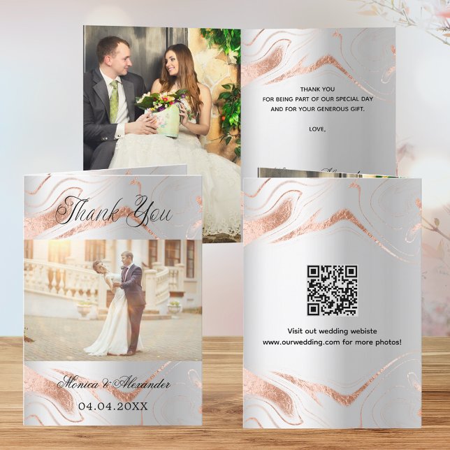 Silver rose gold 2 photos wedding thank you card (Creator Uploaded)