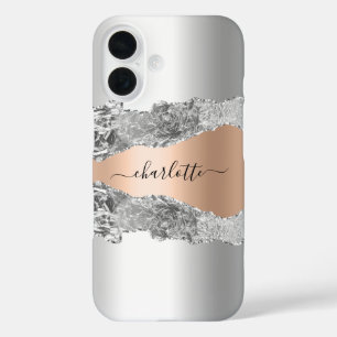 Silver rose gold agate marble name script iPhone 16 case