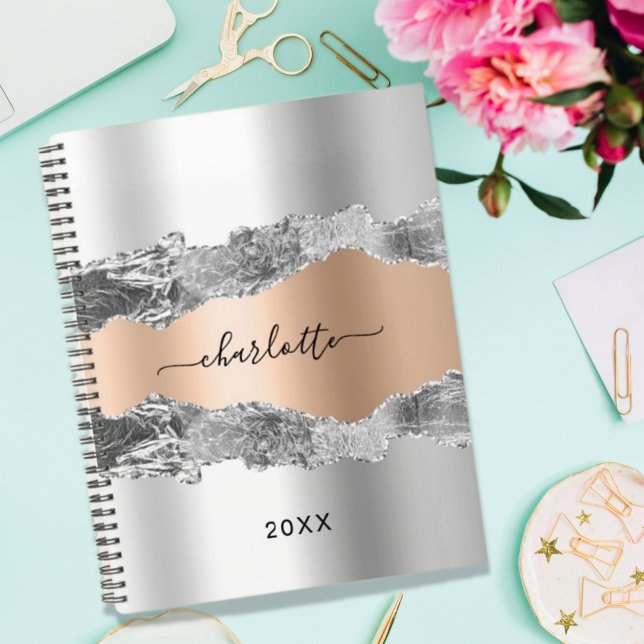 Silver rose gold agate marble name script notebook (Creator Uploaded)