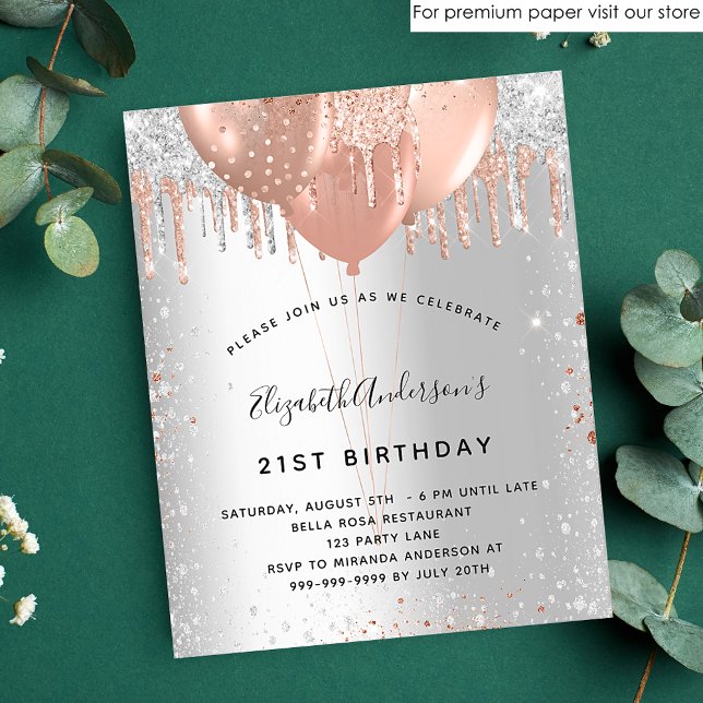 Silver rose gold balloons birthday invitation (Creator Uploaded)