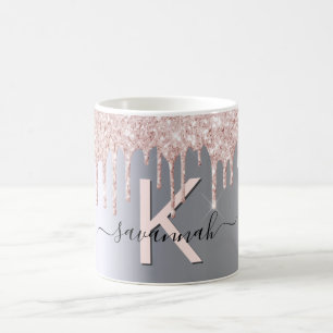 Silver rose gold blush glitter monogram initial coffee mug