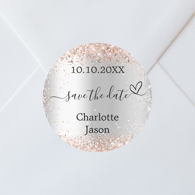 Silver rose gold boho wedding Save the Date Classic Round Sticker (Creator Uploaded)