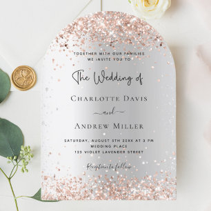 Silver rose gold confetti arch wedding invitation