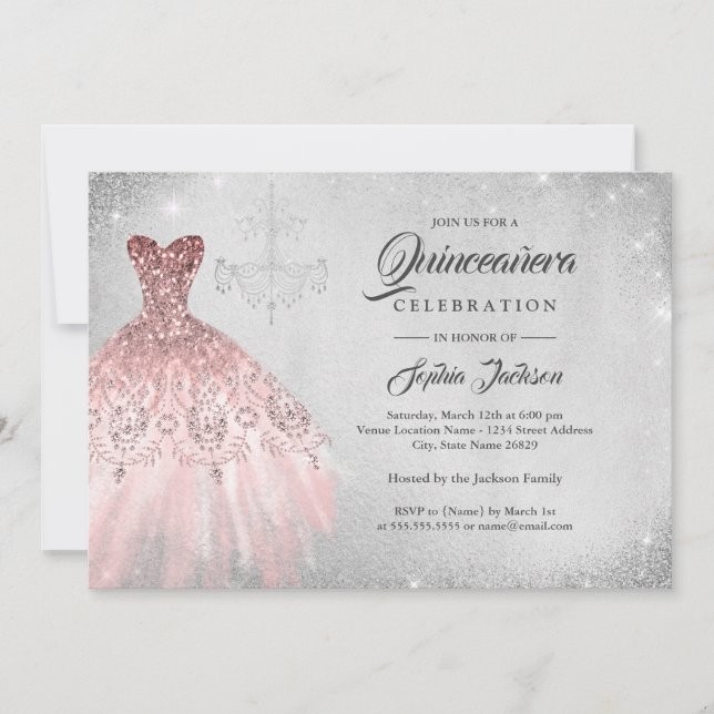 Silver Rose Gold Diamond Lace Gown Quinceanera  Invitation (Front)