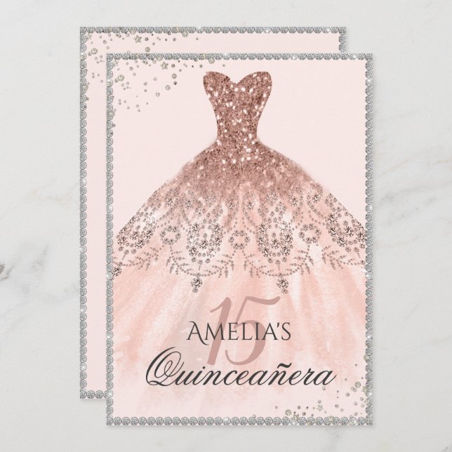 Silver Rose Gold Dress Sparkle 15th Quinceanera Invitation (Front/Back)