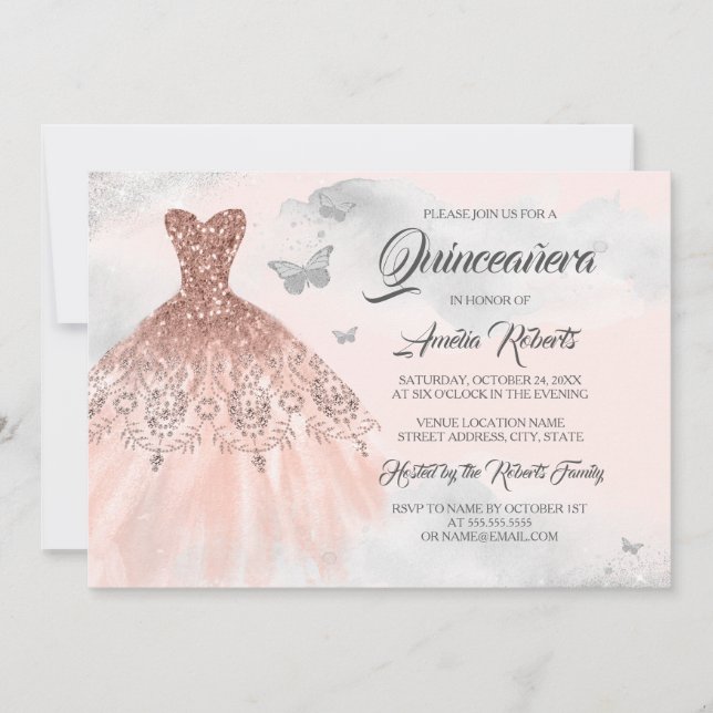 Silver Rose Gold Dress Watercolor Quinceanera Invitation (Front)