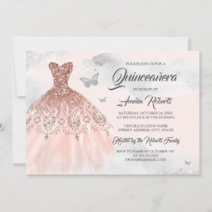 Silver Rose Gold Dress Watercolor Quinceanera Invitation