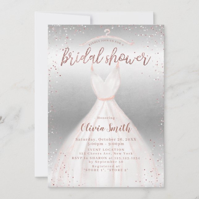 Silver Rose Gold Elegant Dress Bridal Shower Invitation (Front)