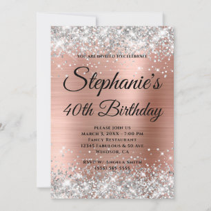 Silver Rose Gold Fancy Monogram 40th Birthday Invitation