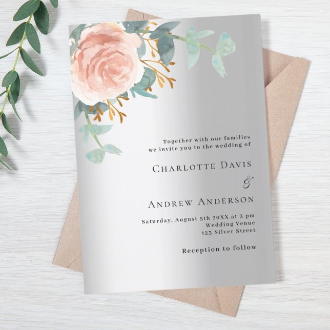 Silver rose gold floral eucalyptus wedding invitation (Creator Uploaded)