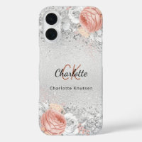 Silver rose gold florals elegant monogram name 