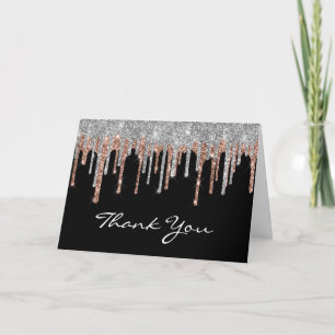 Silver Rose Gold Glitter Drip Black 40th Birthday  Thank You Card