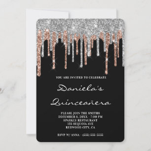 Silver Rose Gold Glitter Drips Black Quinceañera Invitation