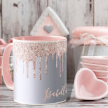 Silver rose gold glitter drips girly name mug<br><div class="desc">An elegant,  girly and glam mug. Faux rose gold glitter drip,  paint drip.  Chic faux silver looking background.  Template for your name written with a hand lettered style script.  Rose gold coloured letters.</div>