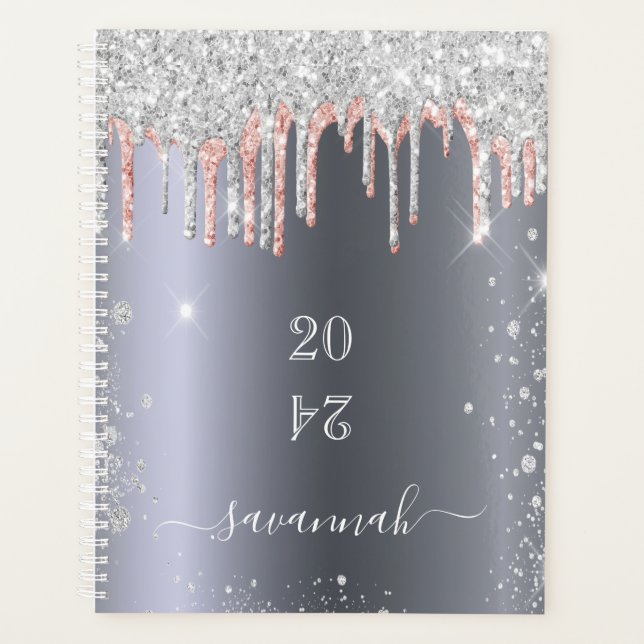Silver rose gold glitter drips monogram 2023 planner (Front)