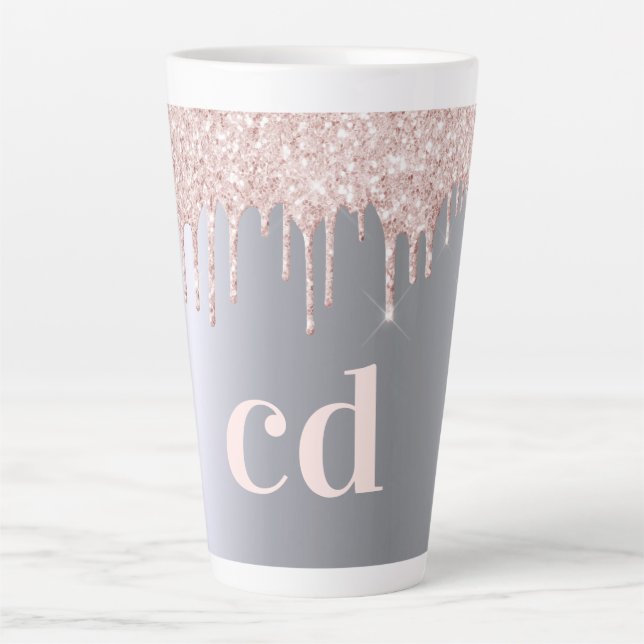 Silver rose gold glitter drips monogram initials latte mug (Front)